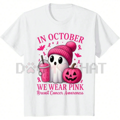 "In October We Wear Pink Breast" Cancer Awareness Tee – Cute Ghost & Pumpkin Graphic Print Shirt, Unisex Halloween Tops