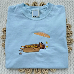 "Hot Dog on the Beach" Embroidered Dachshund T-Shirt