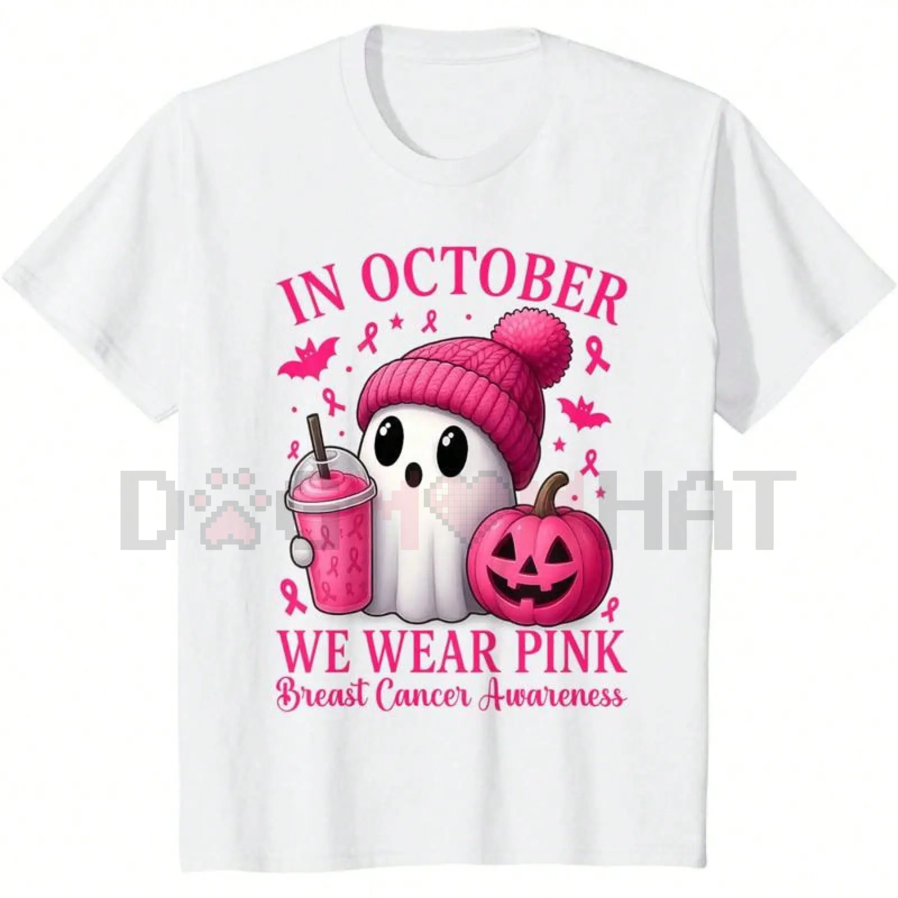 "In October We Wear Pink Breast" Cancer Awareness Tee – Cute Ghost & Pumpkin Graphic Print Shirt, Unisex Halloween Tops