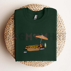 "Hot Dog on the Beach" Embroidered Dachshund T-Shirt