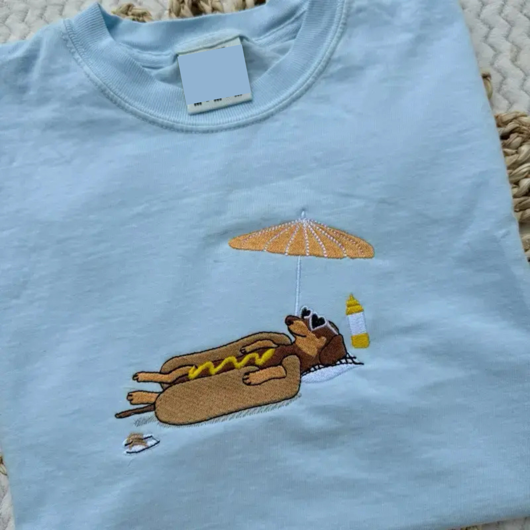 "Hot Dog on the Beach" Embroidered Dachshund T-Shirt