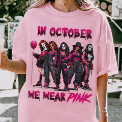 "In October We Wear Pink" Horror Halloween Breast Cancer Shirt – Support Squad Tee, Cancer Survivor Apparel