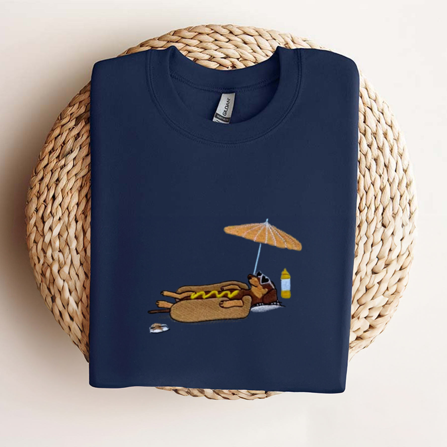 "Hot Dog on the Beach" Embroidered Dachshund T-Shirt