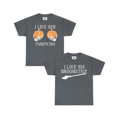 "I Like Her Pumpkins / I Like His Broomstick" Funny Halloween Couple Shirts