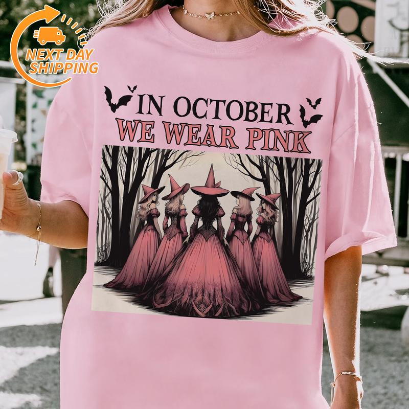 "In October We Wear Pink" Horror Halloween Breast Cancer Shirt – Support Squad Tee, Cancer Survivor Apparel
