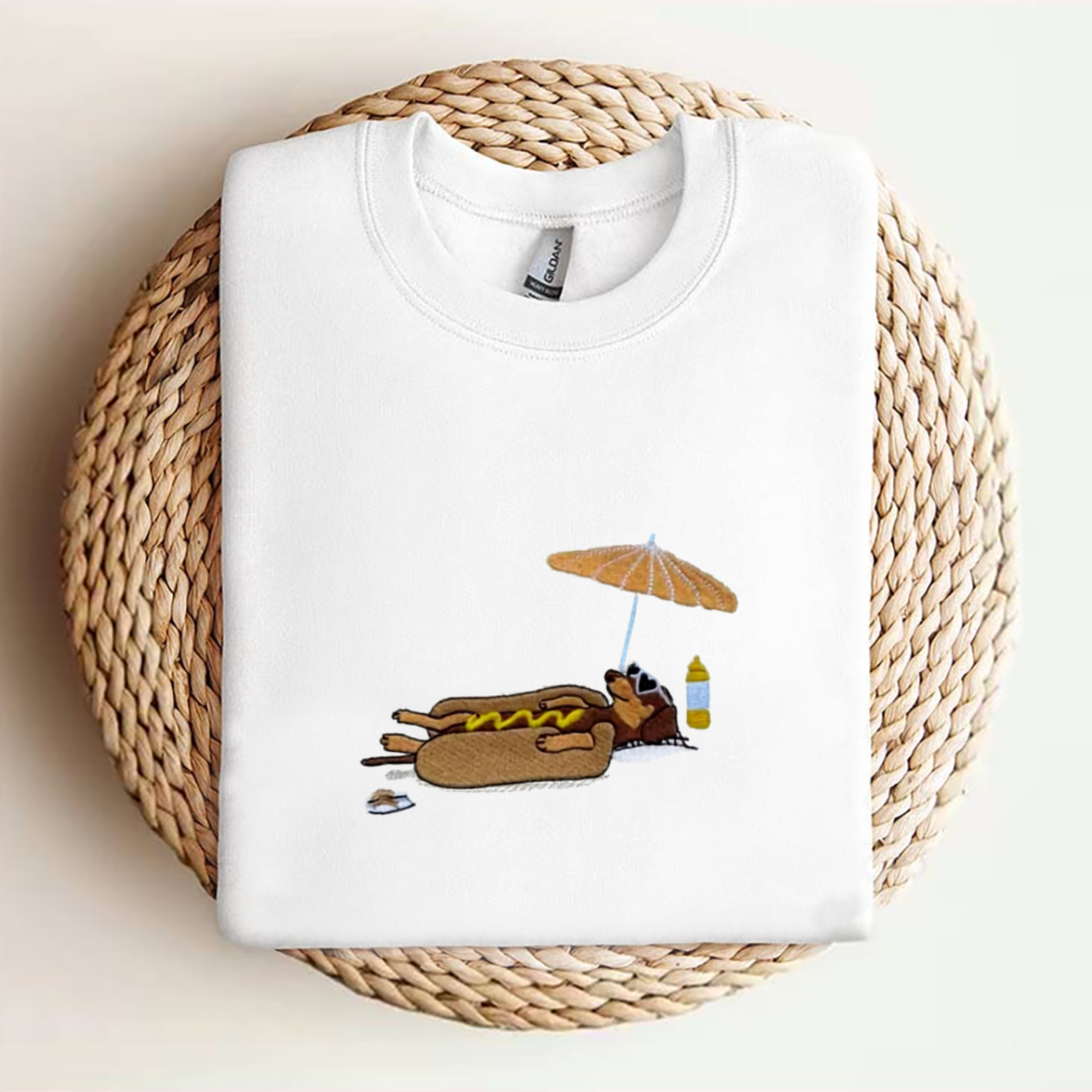 "Hot Dog on the Beach" Embroidered Dachshund T-Shirt